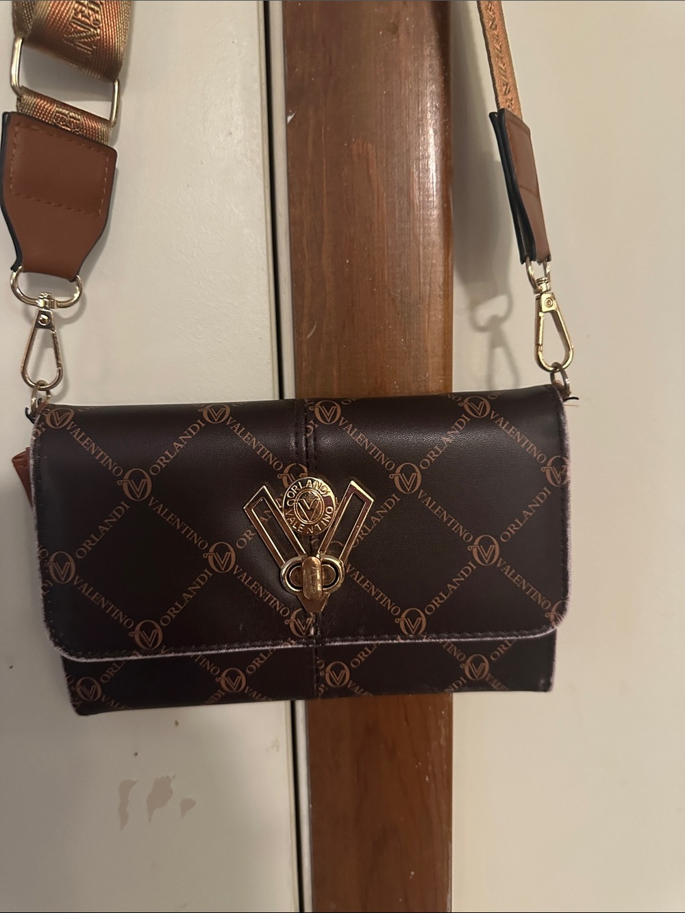 Valentino Orlandi Dark Brown Logo Crossbody with Gold Hardware